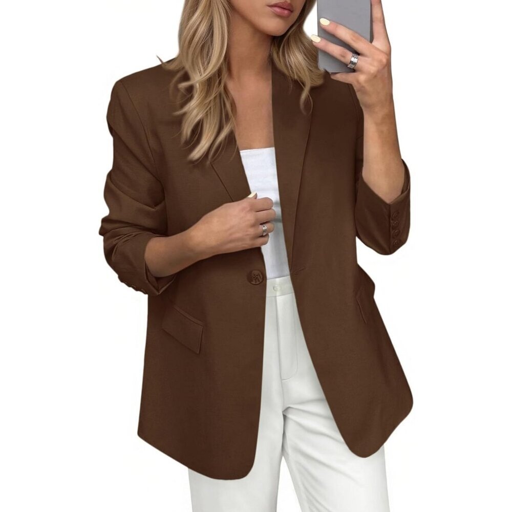 Women's Brown Blazers Business Casual Outfits Spring Open Front Long Sleeve